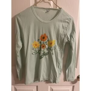 70s Miss K Small 70s embroidered floral lime green art deco mod Top